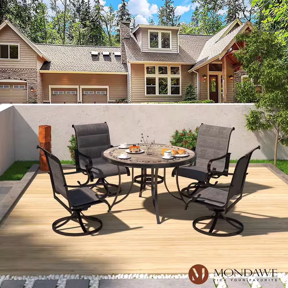 Mondawe 5-Piece Aluminum Frame Outdoor Dining Set Blended Fabric Seat Swivel Chair Ceramic Round Table with 2.3-in Umbrella Hole