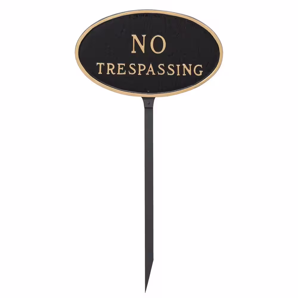 Montague Metal Products 8.5 in. x 13 in. Standard Oval No Trespassing Statement Plaque Sign with 23 in. Lawn Stake, Black with Gold Lettering