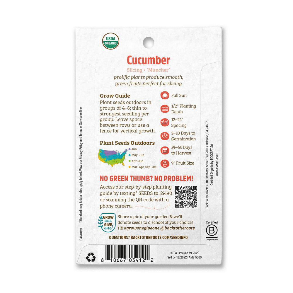 Back to the Roots Organic Cucumber 'Muncher' Gardening Seeds