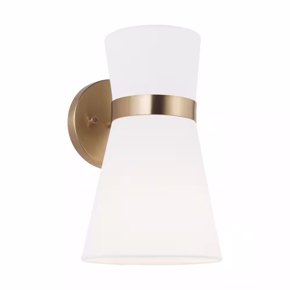 Generation Lighting Clark 7 in. 1-Light Satin Brass Wall Sconce With White Linen Shade and LED Light Bulb