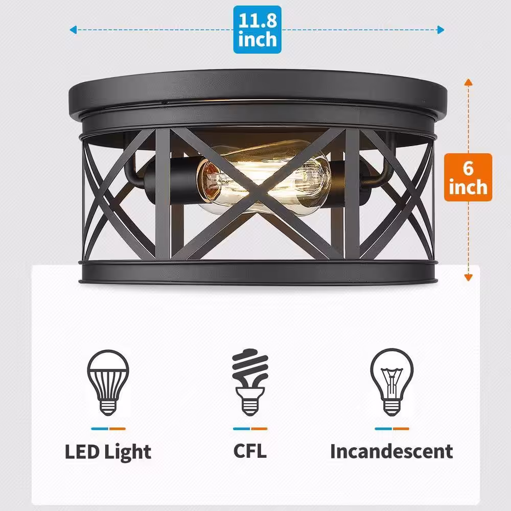 JAZAVA 12 in. 2-Light Black Metal Shade Finish Caged Round Ceiling Flush Mount Light