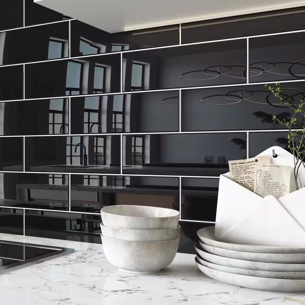 Giorbello Black 3 in. x 9 in. x 6mm Glass Subway Wall Tile (5 sq. ft./Case)
