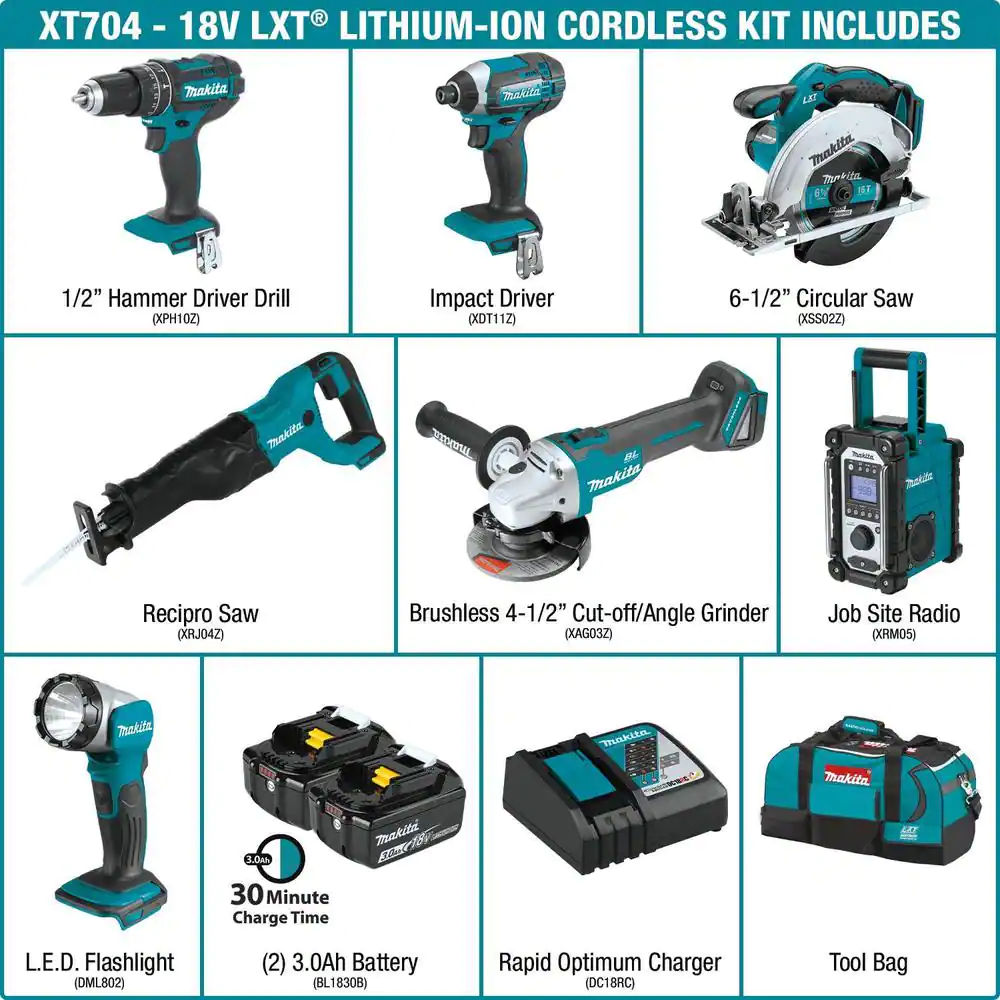 Makita 18V 3.0Ah LXT Lithium-Ion Cordless Combo Kit (7-Piece)