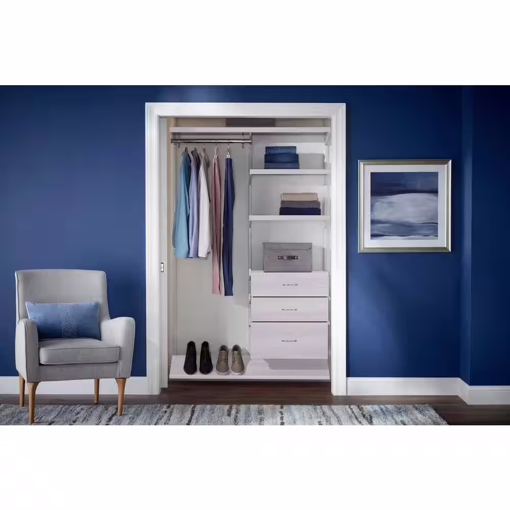 Everbilt Genevieve 4 ft. White Adjustable Closet Organizer Long Hanging Rod with 3 Shelves, Shoe Rack, and 3 Drawers