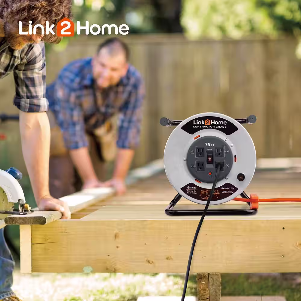 Link2Home 75 ft. 12/3 Extension Cord Storage Reel with 4 Grounded Outlets and Overload Protection