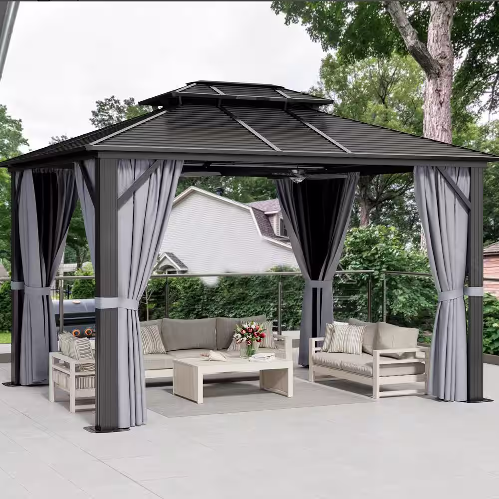 None 10 ft. x 12 ft. Outdoor Dual-Layer Galvanized Steel Gazebo with Netting and Curtains for Garden, Patio, Lawns