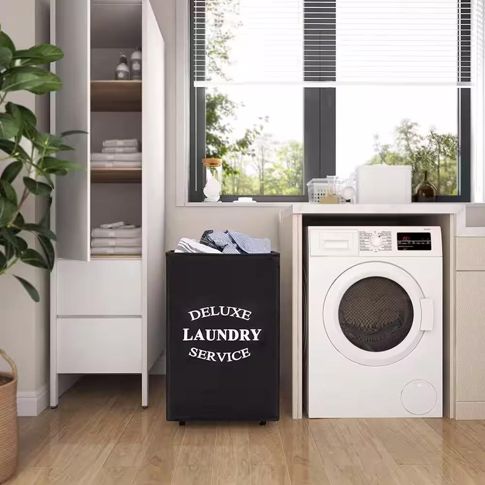 None 90L Fabric Laundry Basket Hamper with Black Wheels
