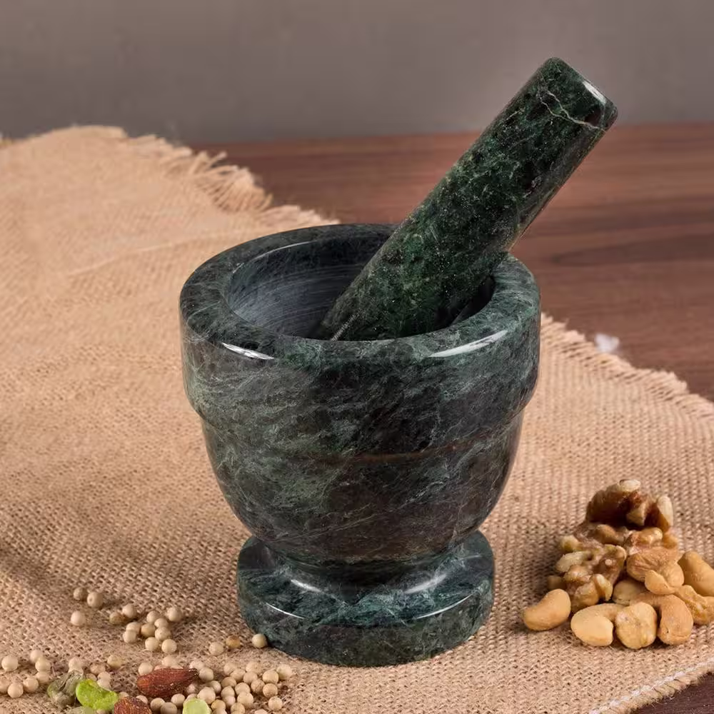 Creative Home Natural Green Marble Stone 4 in. Dia. x 4 in. H Mortar and Pestle Set Spice Grinder Guacamole Molcajete Bowl