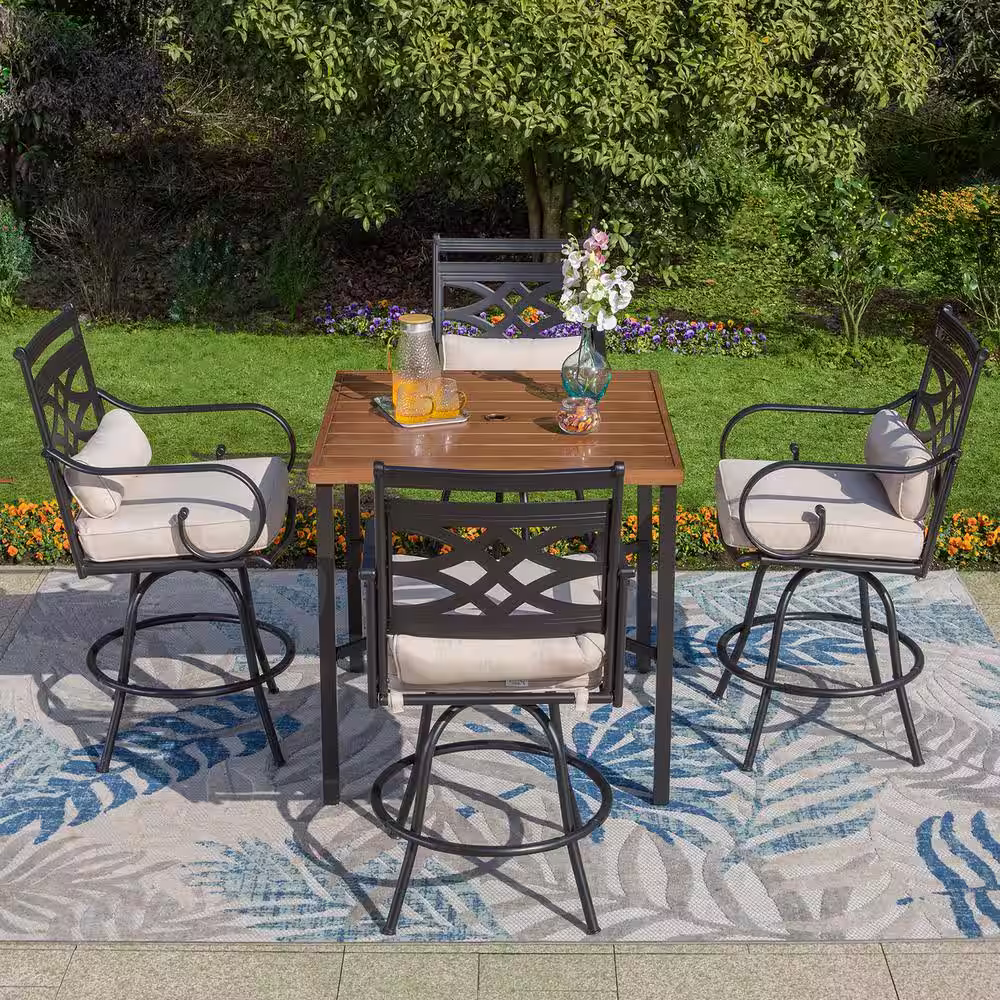 None 5-Piece Metal Patio Bar Height Outdoor Dining Set with Squre Table with Beige Cushions