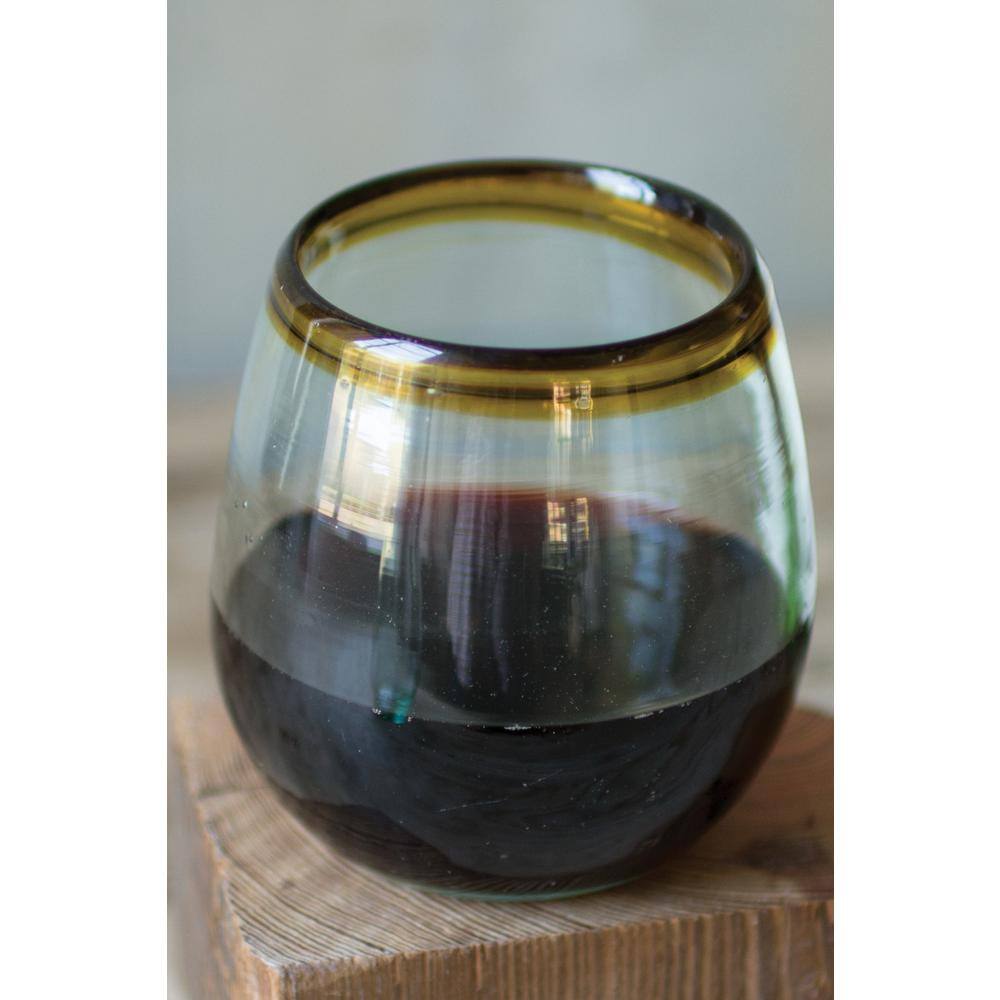 None 18 oz. Clear Stemless Wine Glass with Amber Rim (Set of 6)