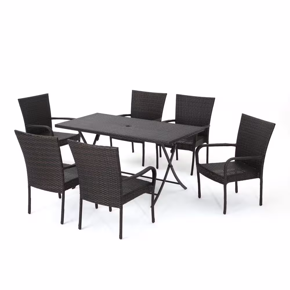 Noble House Multi-Brown 7-Piece Faux Rattan and Metal Rectangular Outdoor Dining Set