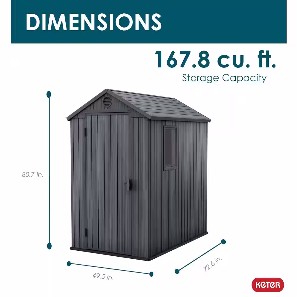 Keter Darwin 4 ft. W x 6 ft. D Outdoor Durable Resin Plastic Storage Shed with Lockable Door and Floor, Grey (24.96 sq. ft.)