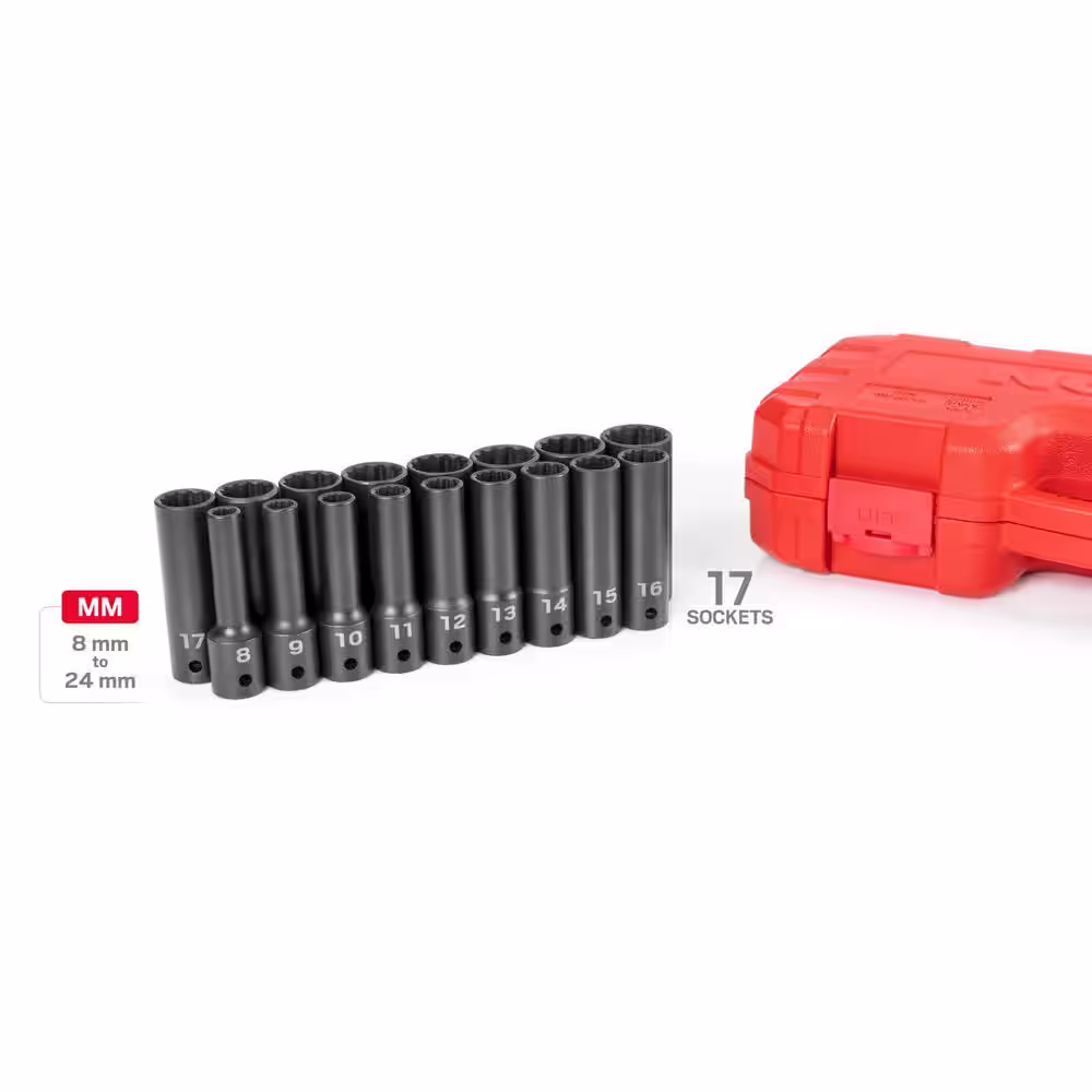 TEKTON 1/2 in. Drive Deep 12-Point Impact Socket Set, (17-Piece) (8 - 24 mm)