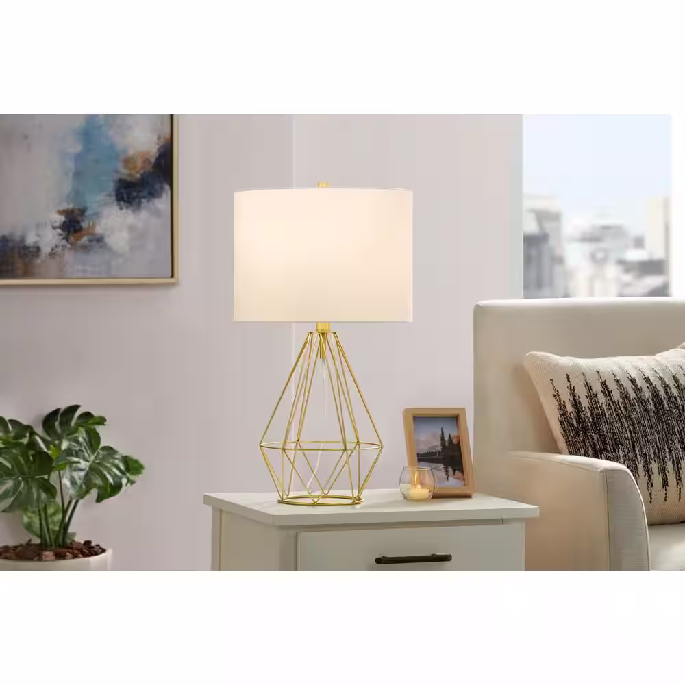 Hampton Bay Winfield 23 in. 1-Light Gold Indoor Geometric Metal Table Lamp with Fabric Lamp Shade