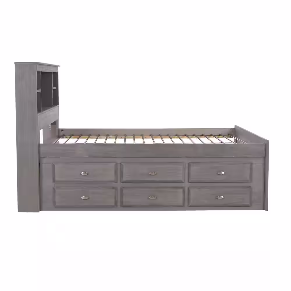 OS Home and Office Furniture Mission Charcoal Gray Full Sized Captains Bookcase Bed with 6-Drawers