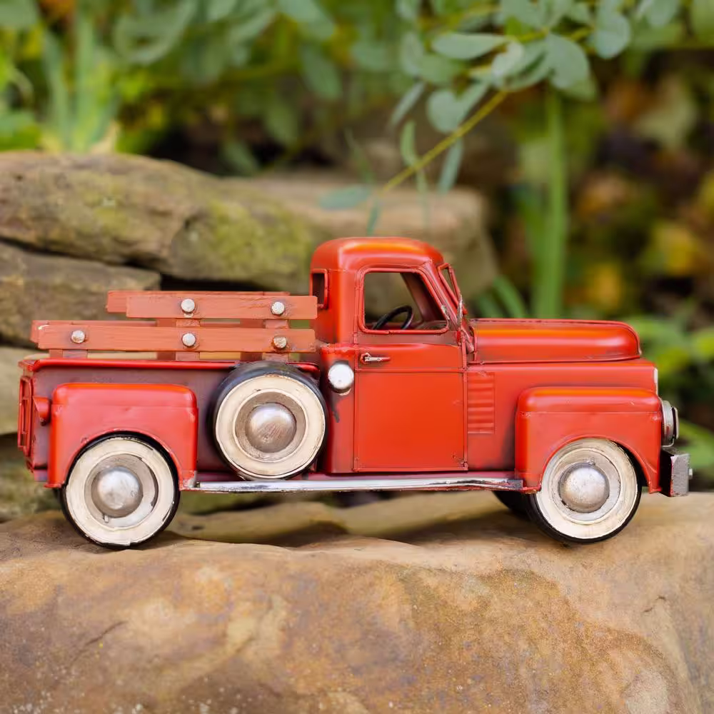 Zaer Ltd. International Vintage Style Iron Pickup Truck in Antique Red with Silver Rims and Fence