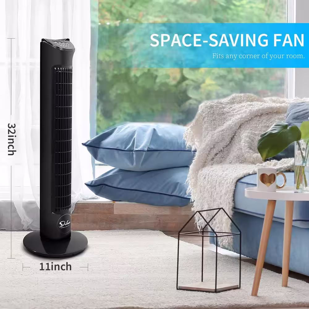 None Black Standalone 32 in. H Floor Fan with Remote Control
