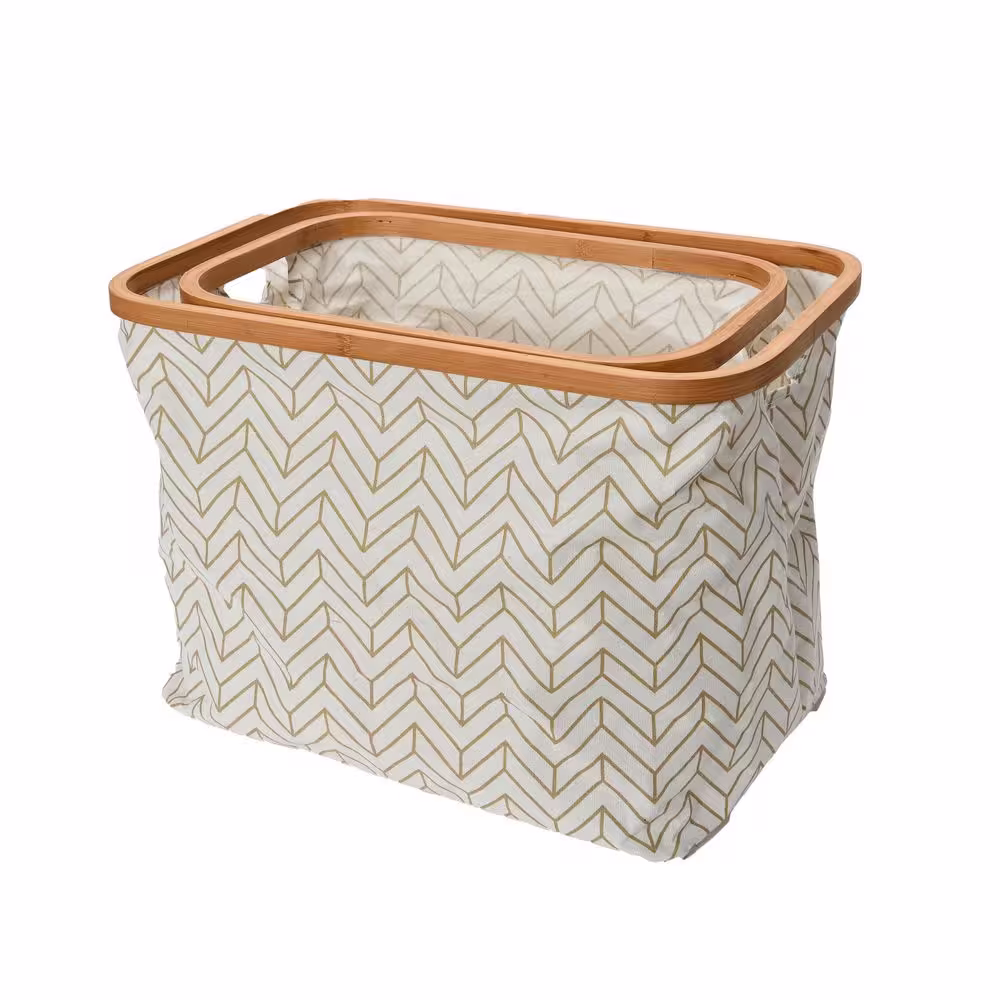 HOUSEHOLD ESSENTIALS 2 Pack Tan Chevron Krush Storage Baskets with Bamboo Rim