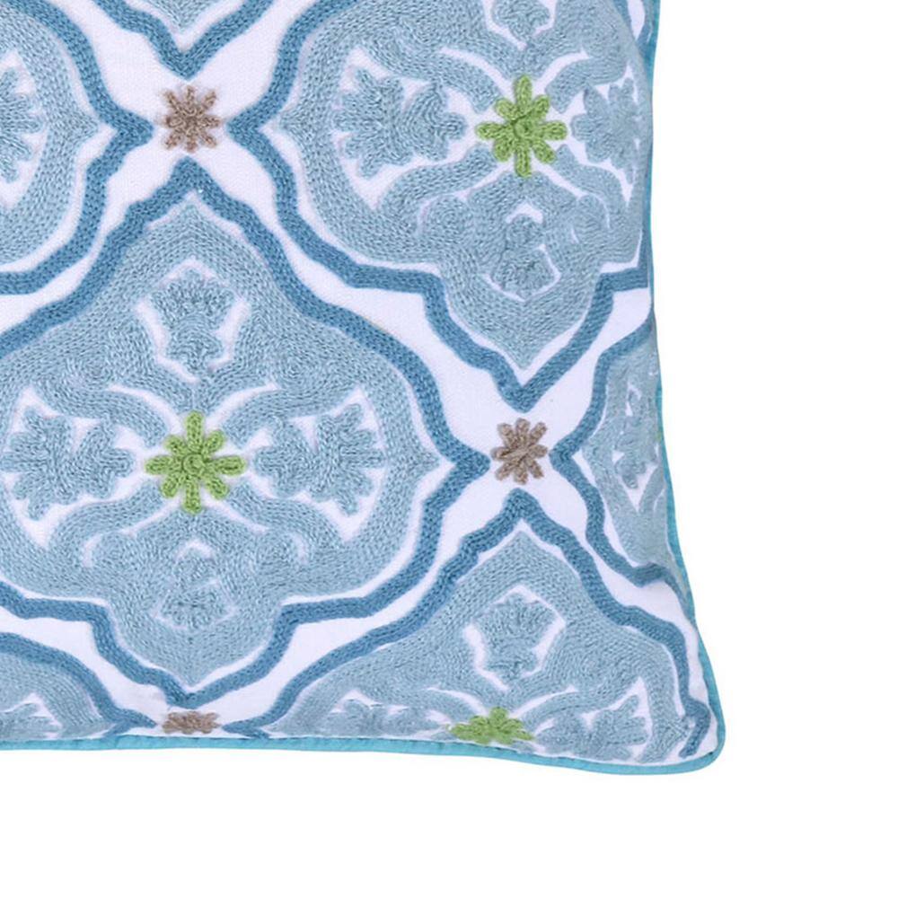 None Cressida Blue, Green, Taupe, Ivory Embroidered Medallion 18 in. x 18 in. Throw Pillow