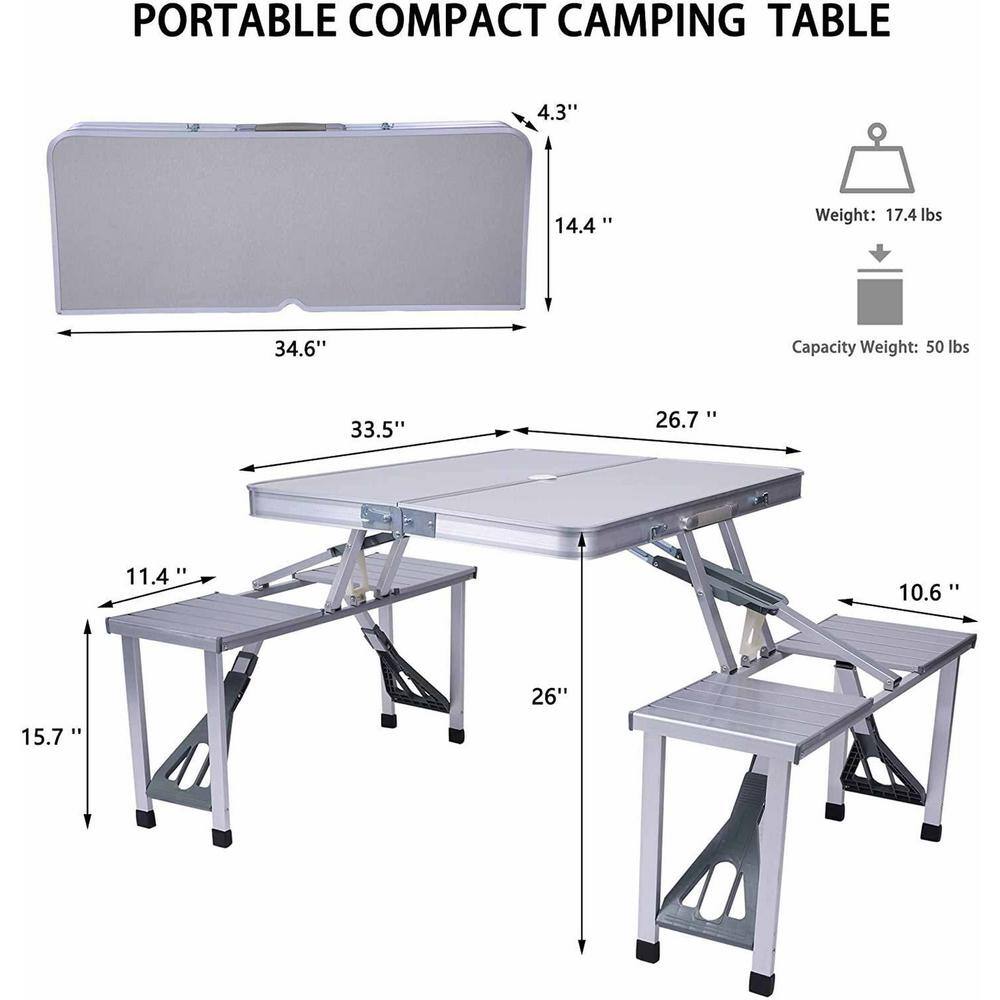 None Metal Outdoor Picnic Table Folding Camping Table Chair Set with 4 Seats Chairs and Umbrella Hole