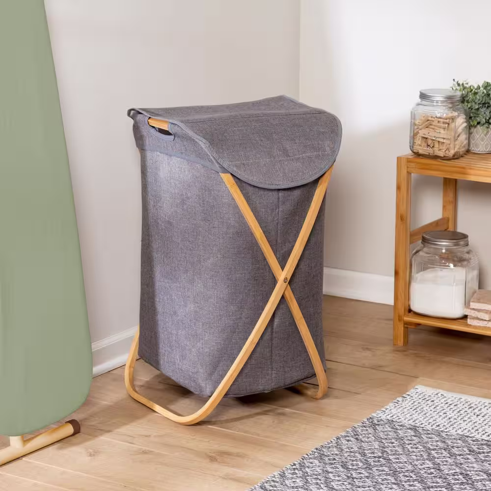 Honey-Can-Do Gray and Bamboo Collapsible Canvas Hamper with Handles