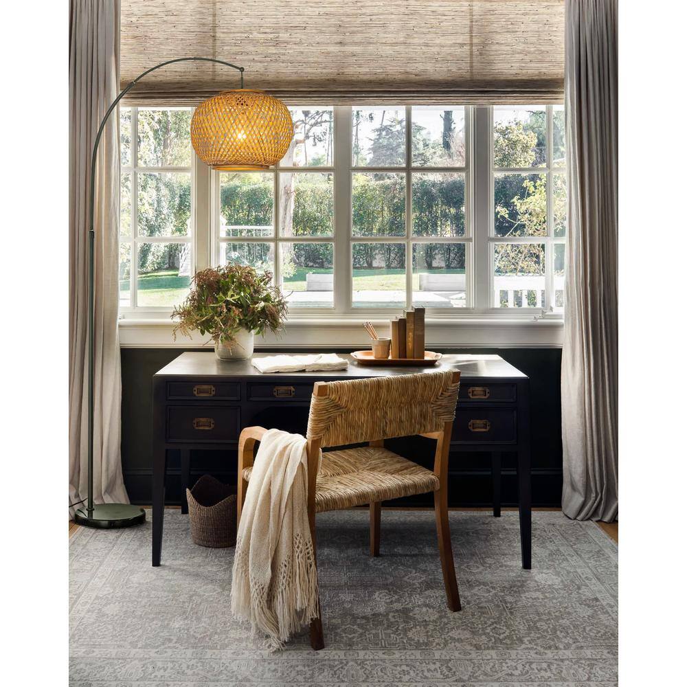 None 77 in. Black 1-Light Arc Floor Lamp with Hand-Woven Bamboo Shade and Marble Base