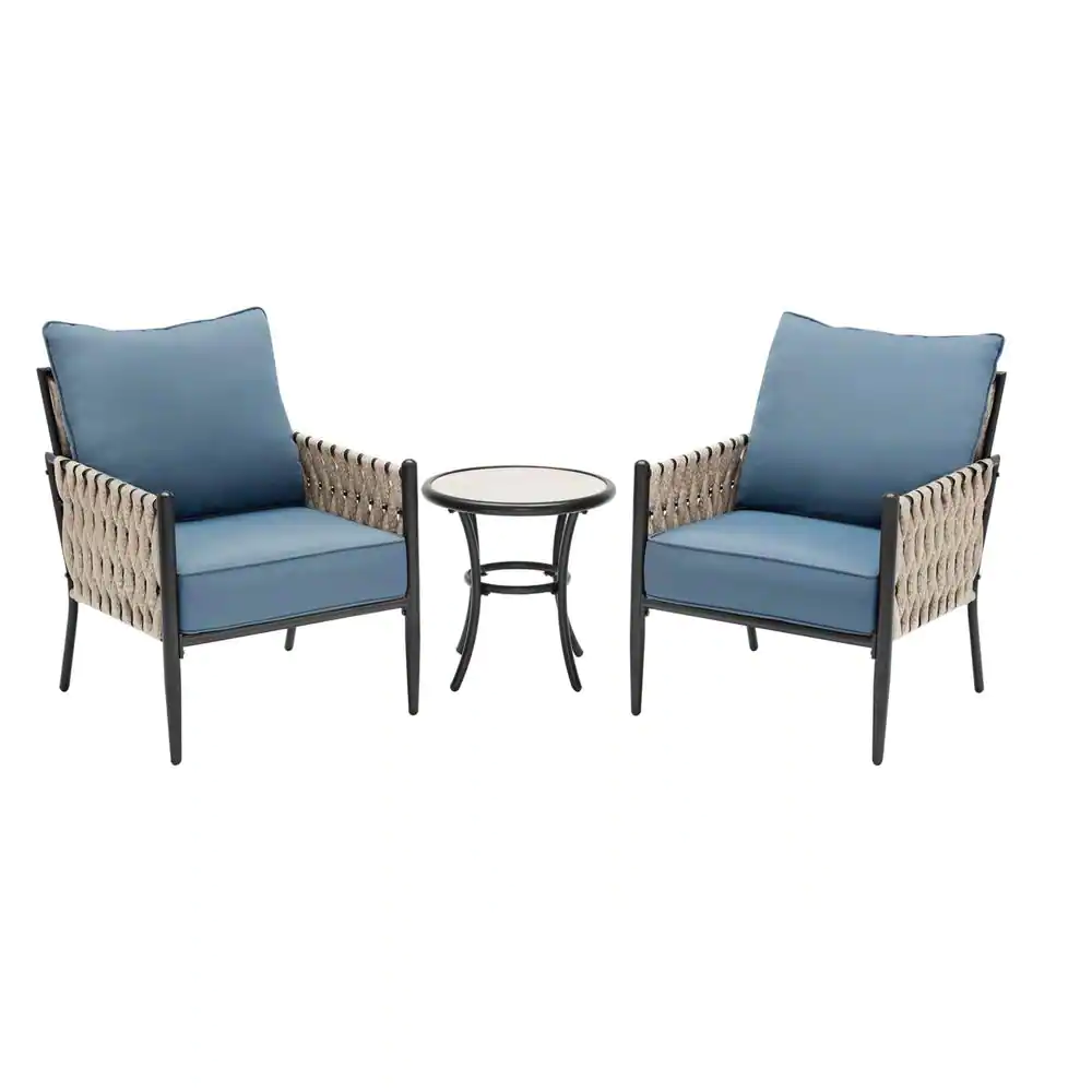 Hampton Bay Dockview 3-Piece Metal Outdoor Patio Bistro Set with Blue Cushions