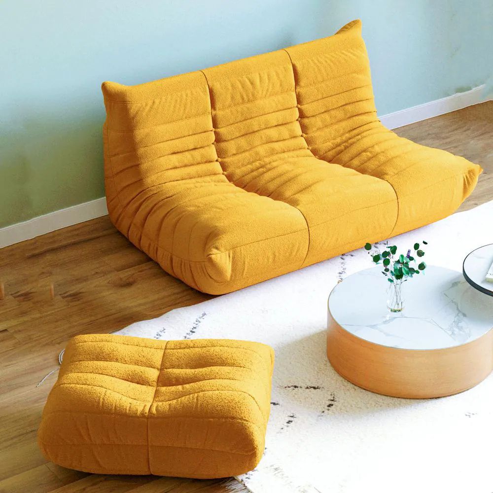 Magic Home Modern Lazy Sofa Lving Room Set with Teddy Velvet 2 Seater and Ottoman,Yellow