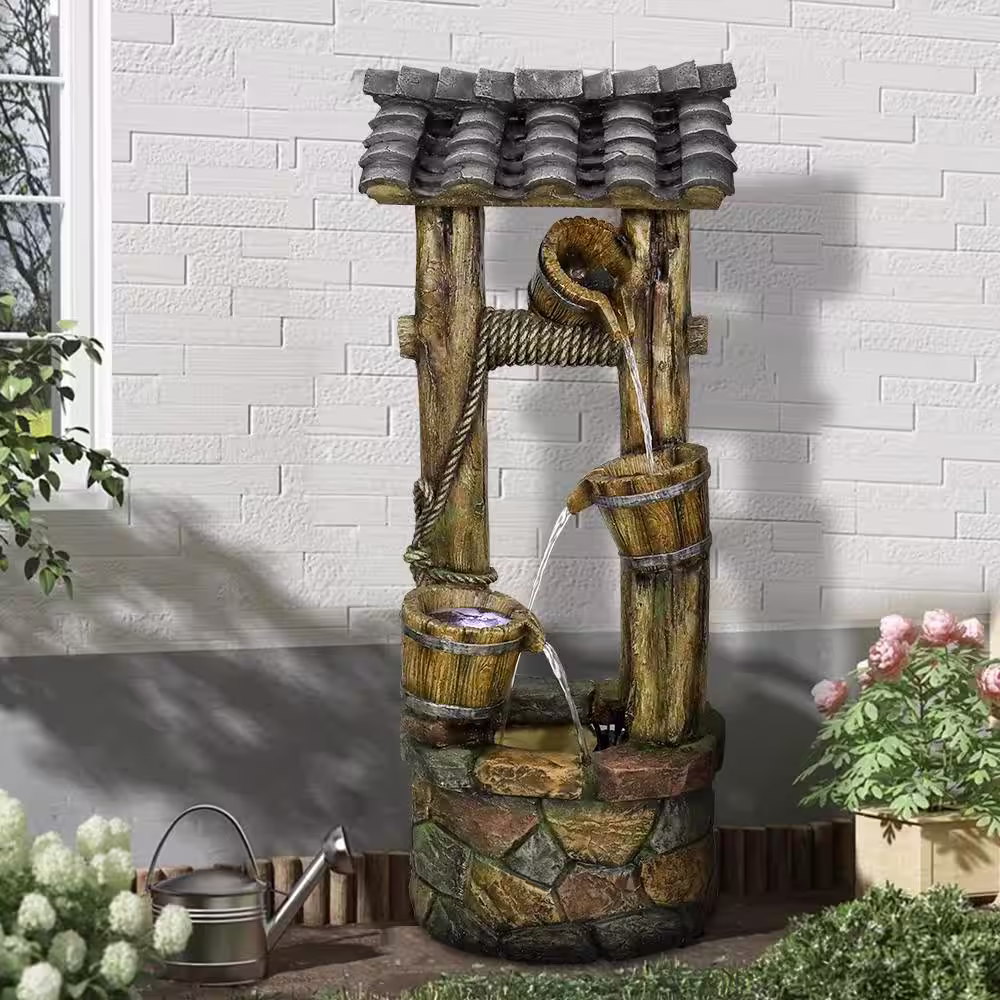 Watnature 39.3 in. 4-Tier Resin Wishing Well Water Fountain, Rustic Outdoor Garden Decor Fountain with LED Lights for Lawn