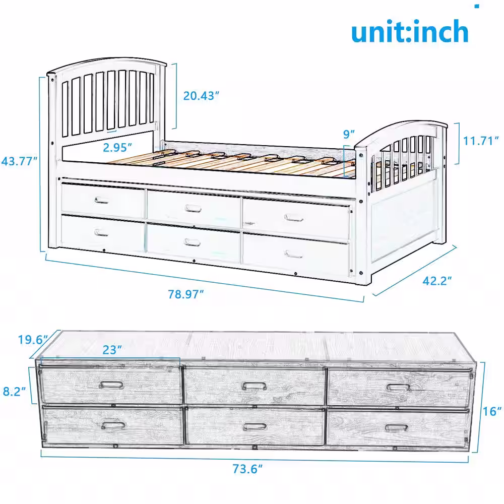 Harper & Bright Designs Walnut Twin Size Platform Storage Solid Wood Bed with 6-Drawers
