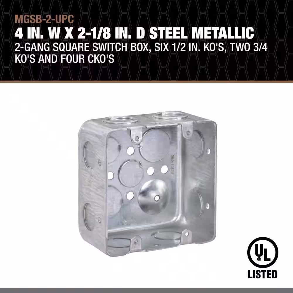 Southwire 4 in. W x 2-1/8 in. D Steel Metallic 2-Gang Square Switch Box, Six 1/2 in. KO's, Two 3/4 KO's and Four CKO's