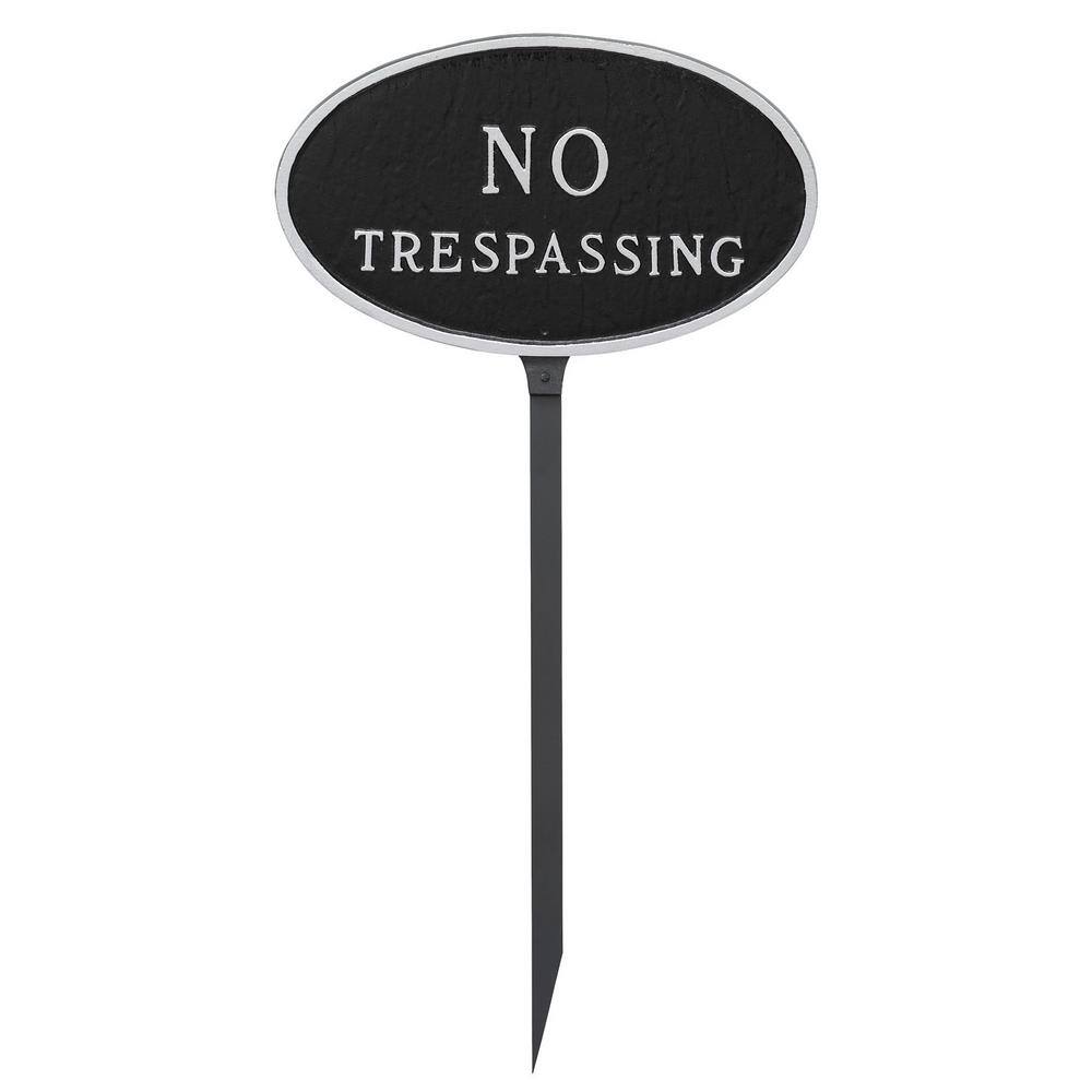 Montague Metal Products 6 in. x 10 in. Small Oval No Trespassing Statement Plaque Sign with 23 in. Lawn Stake, Black with Silver Lettering
