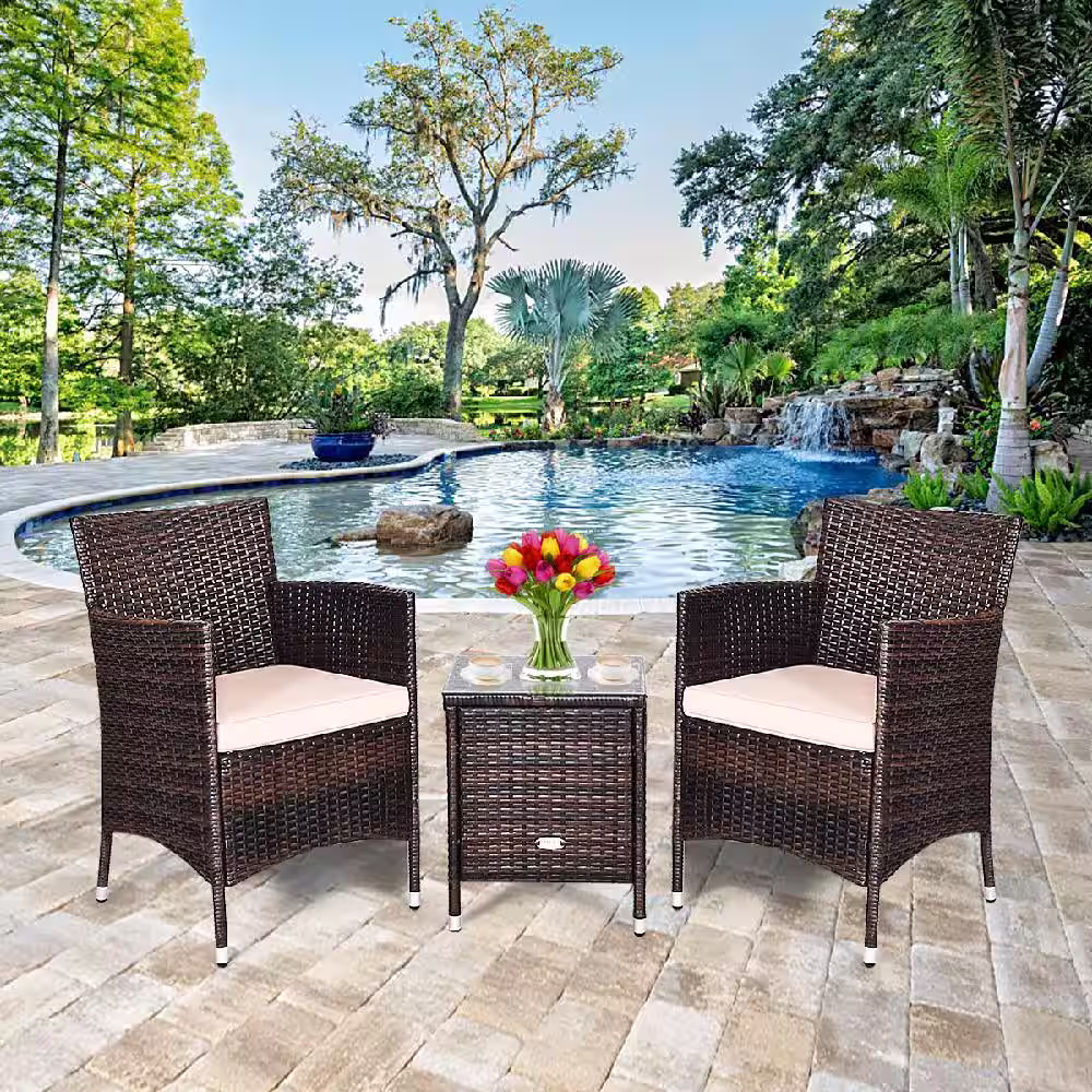 Costway 3-Piece PE Rattan Wicker Patio Conversation Set Outdoor Chairs and Coffee Table with Yellowish Cushion