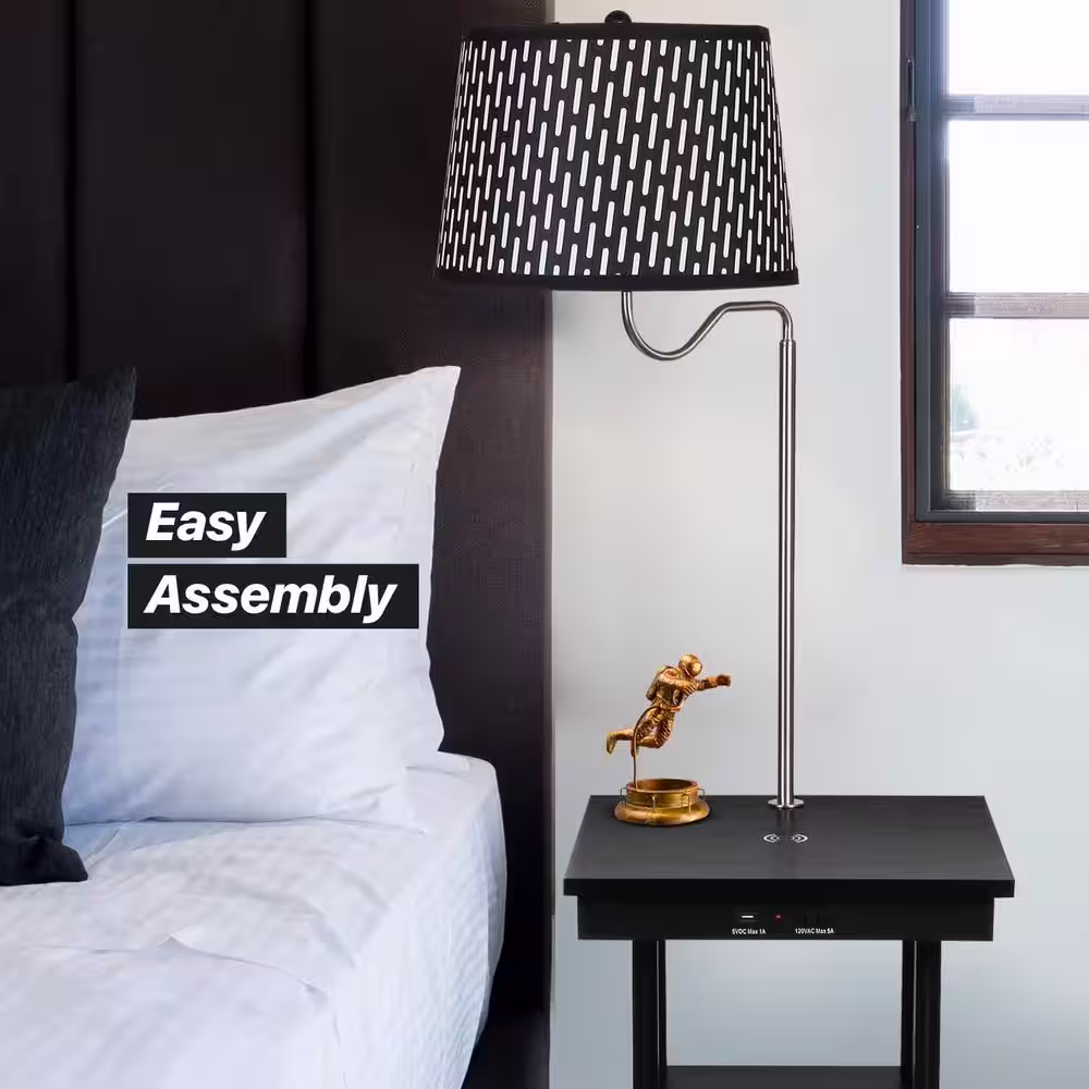 Brightech Madison 56 in. Black Narrow Built-In LED End Table Lamp with Pattern Shade Wireless Charging Station and USB Port