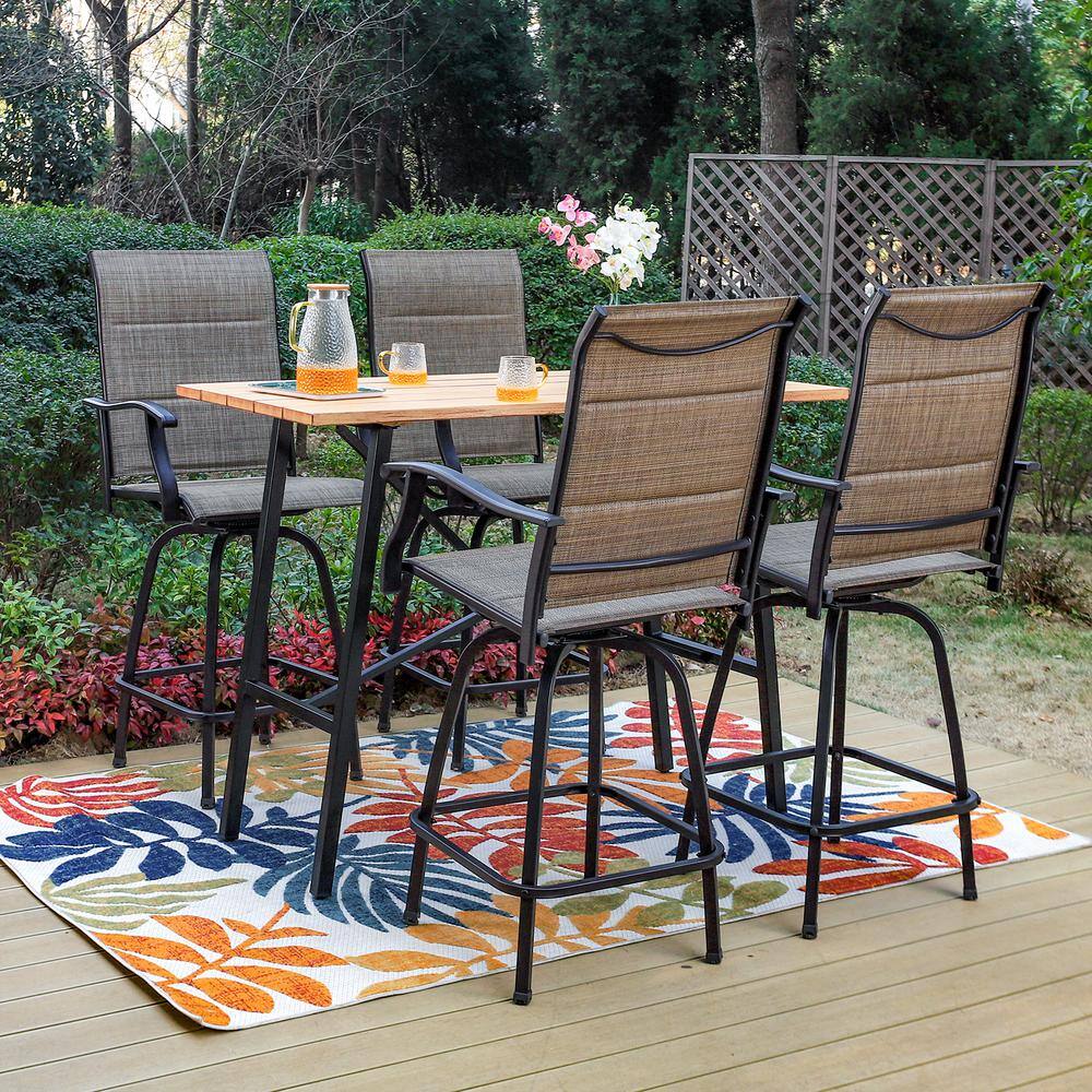 None Black 5-Piece Metal Rectangle Outdoor Patio Bar Set with Wood-Look Bar Table and Padded Swivel Bistro Chairs