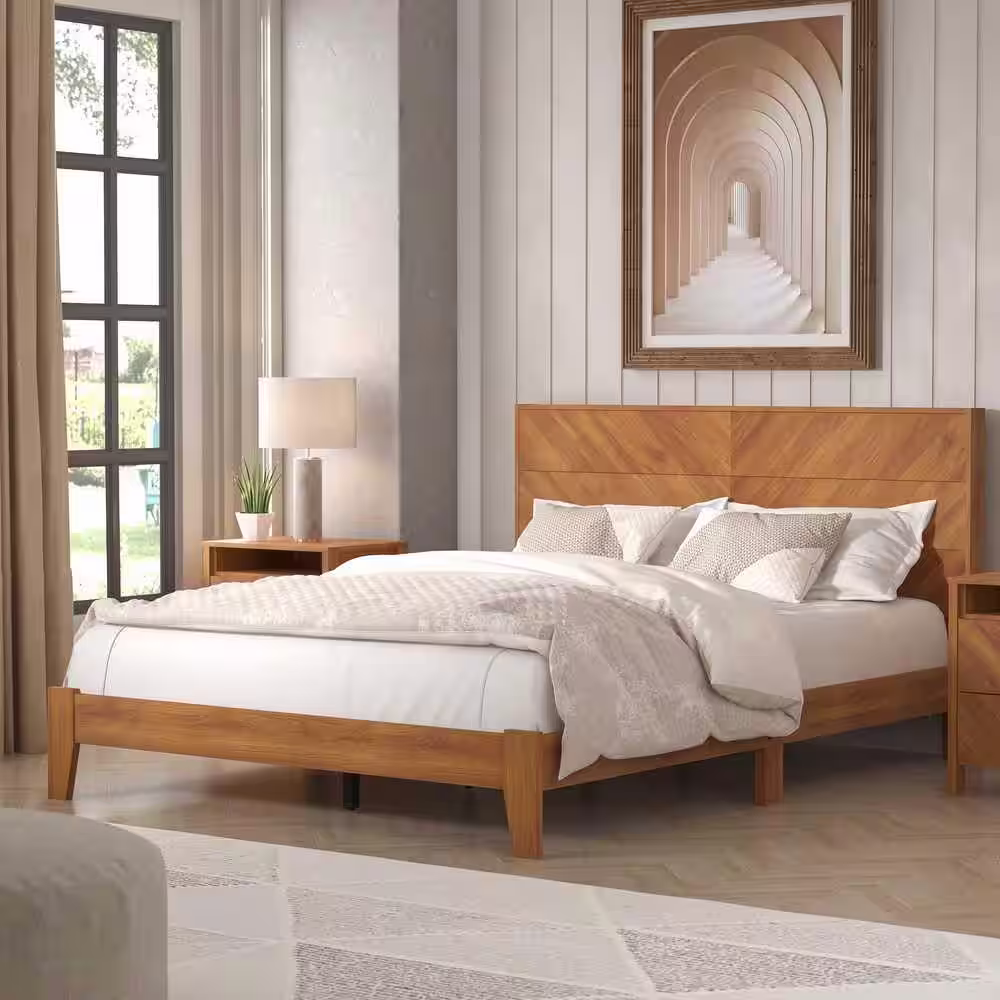 GALANO Weiss Amber Walnut Wood Frame Queen Bed With Headboard