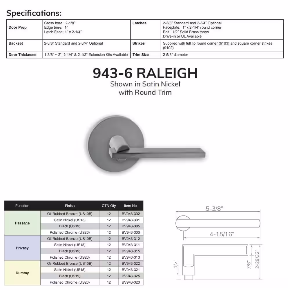 None Bravura Raleigh 943-6 Dummy Door Lever Bright Chrome w/ round trim