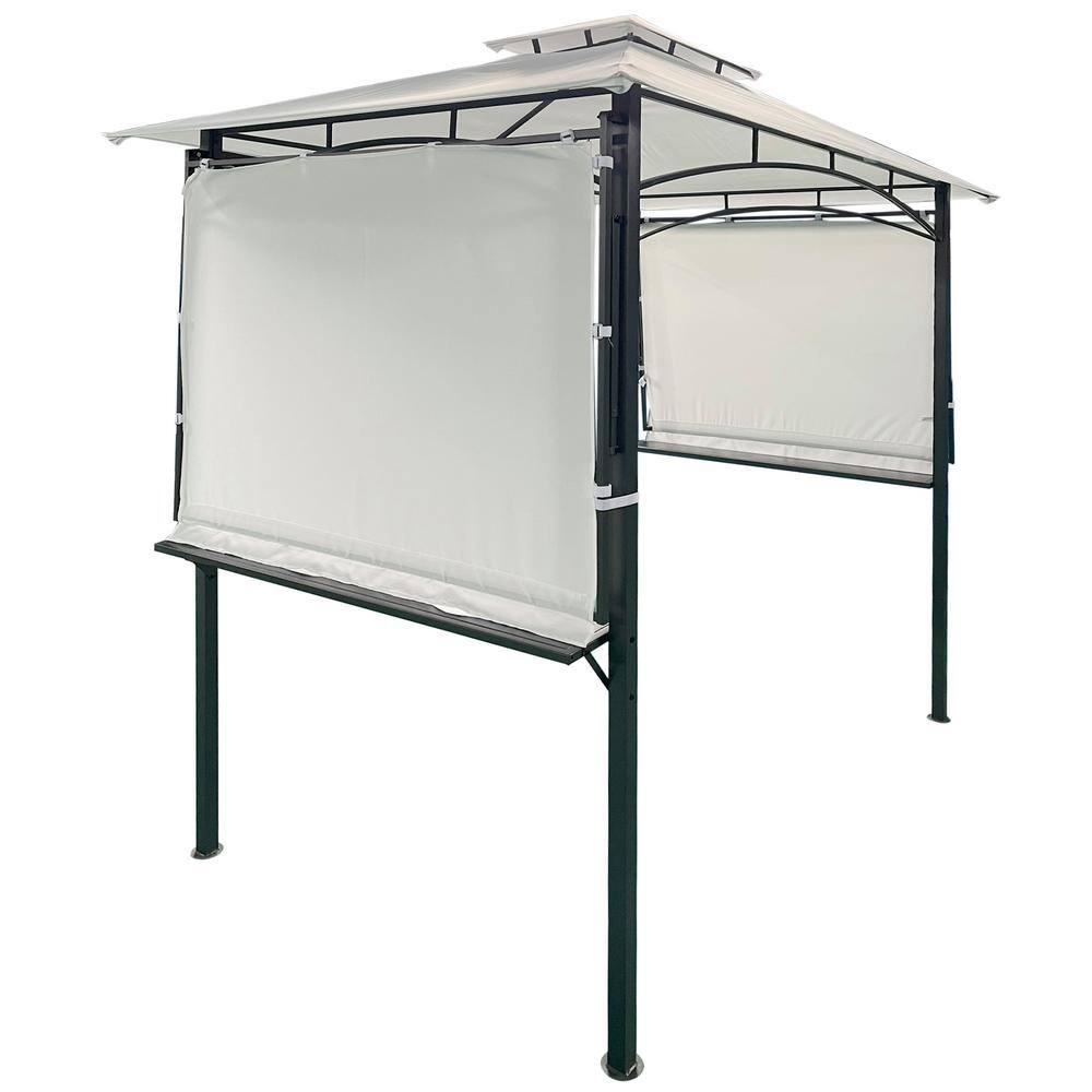 Tenleaf 13 ft. x 4.5 ft. White Iron Double Tiered Backyard Patio BBQ Grill Gazebo with Bar Counters and Extendable Shades