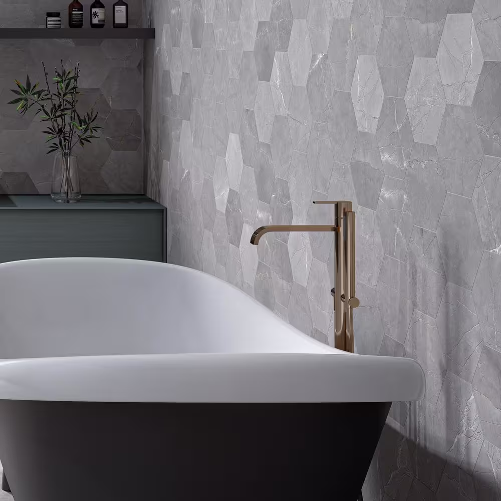 MOLOVO Elegance Hexagon 7.7 in. x 8.9 in. Matte Gray Porcelain Marble look Floor and Wall Tile (9.05 sq. ft./Case)