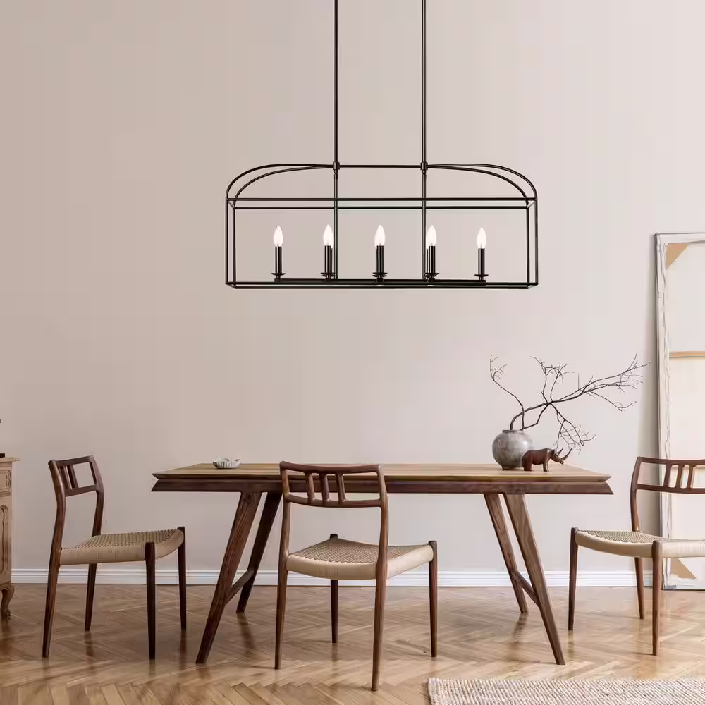 KAWOTI 40 in. 8-Light Black Caged Kitchen Island Pendant Chandelier