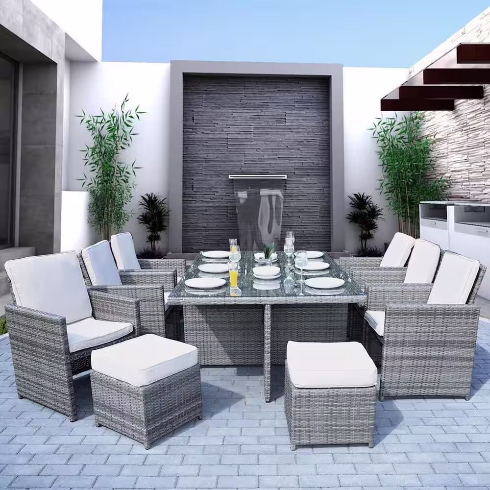moda furnishings Boise Grey 11-Piece Wicker Outdoor Dining Set with Grey Cushions