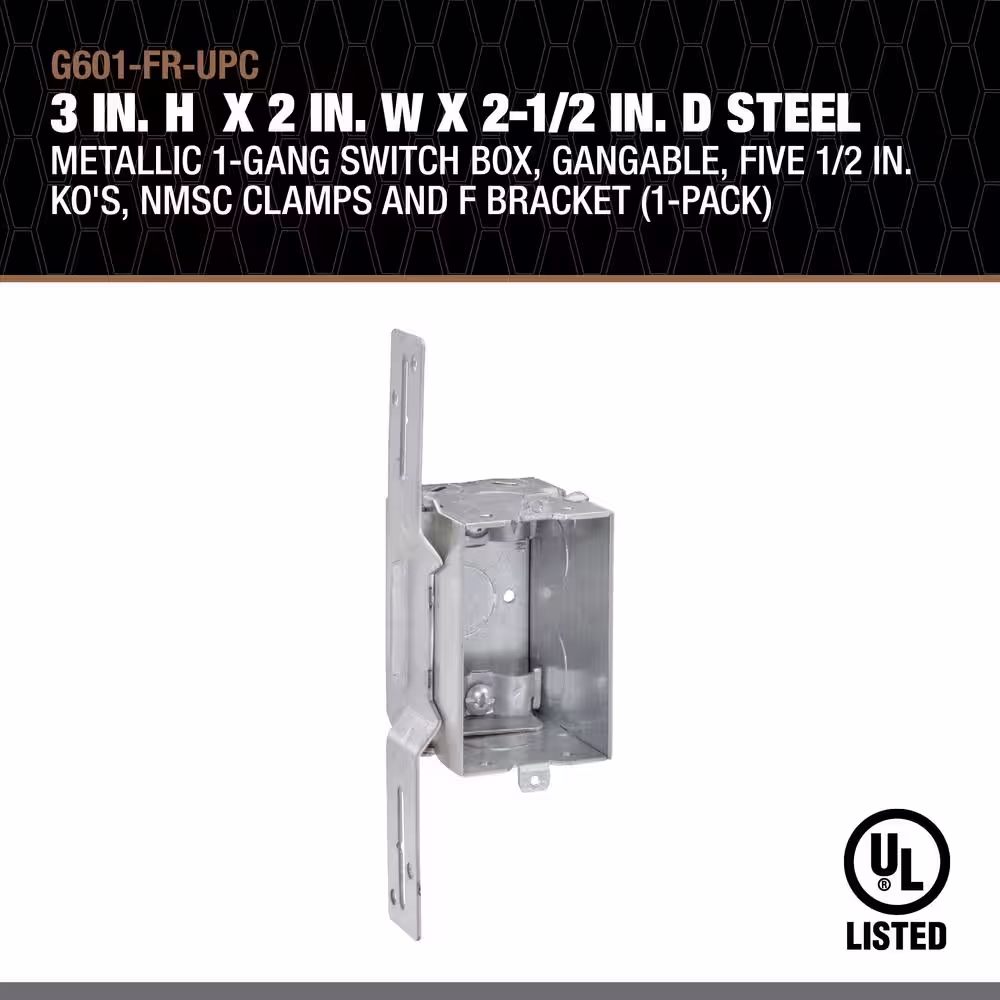 Southwire 3 in. H x 2 in. W x 2-1/2 in. D Steel Metallic 1-Gang Switch Box, Five 1/2 in. KO's, NMSC Clamps and F Bracket (1-Pack)