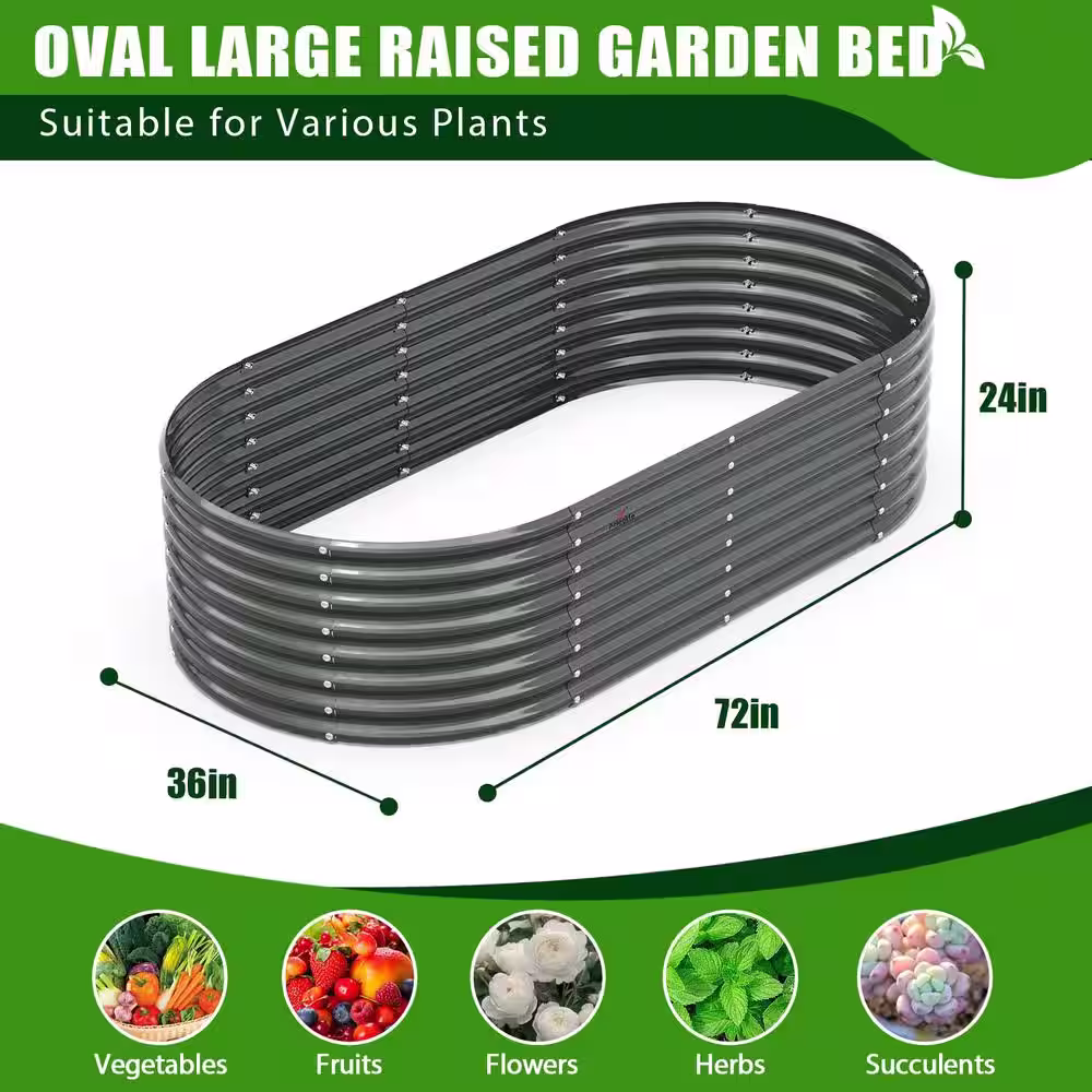Cesicia 6 ft. x 3 ft. x 2 ft. Quartz Gray Metal Steel Oval Galvanized Raised Garden Bed For Vegetables and Flowers