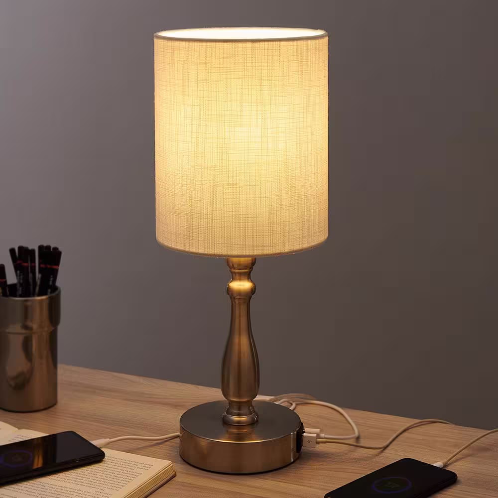 TRUE FINE 16.5 in. Brushed Steel Touch Control 3-Way Table Lamp with 2 USB Ports, 4-Watt LED Bulb Included