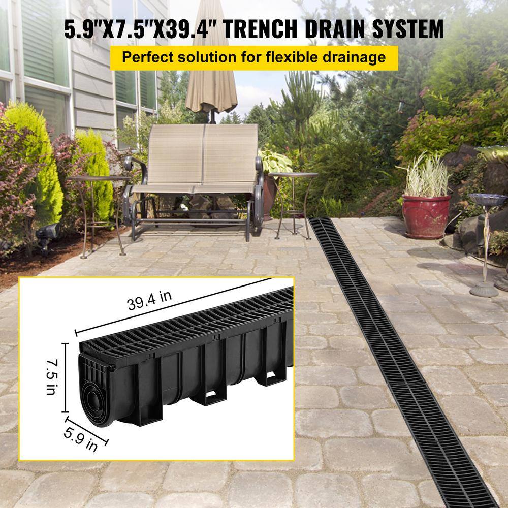 VEVOR Trench Drain System Channel Drain with Plastic Grate 5.9 x 7.5 in. HDPE Drainage Trench Black Plastic Garage Floor Drain