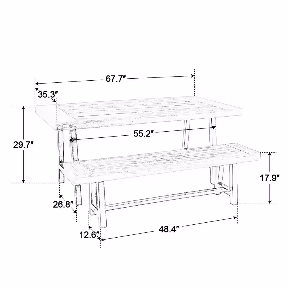 None Black 3-Piece Patio Acacia Wood with Rectangular Table Outdoor Dining Set and Long Benches
