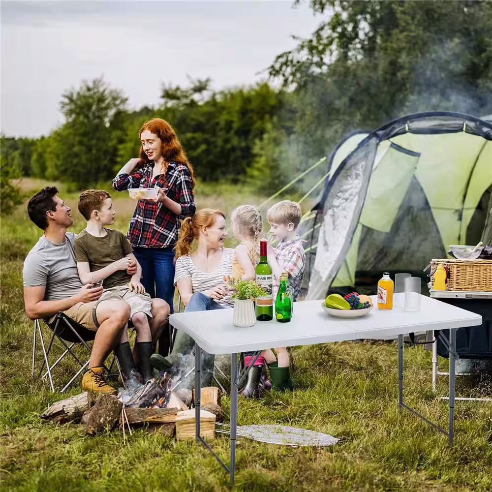Costway Folding Metal Table Portable Bi-Fold Picnic Dining Table with 3-Level Height Adjustment
