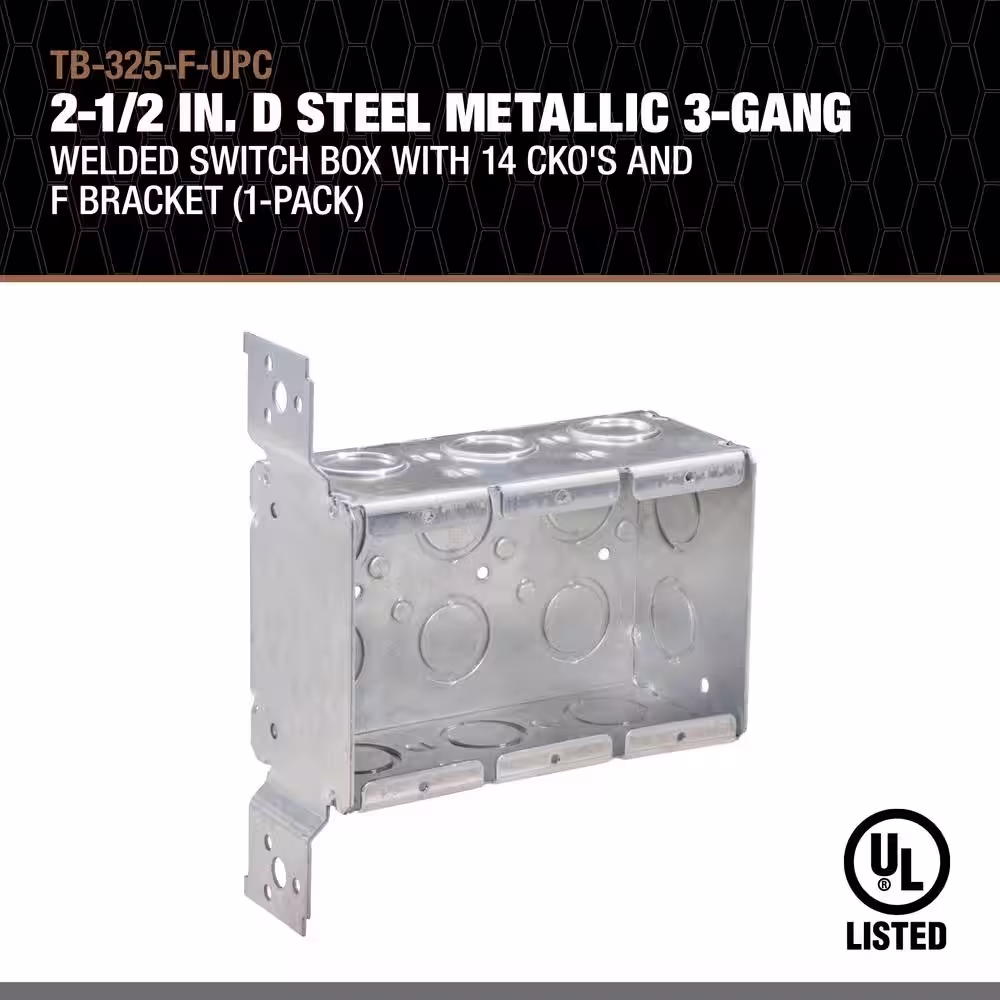 Southwire 2-1/2 in. D Steel Metallic 3-Gang Welded Switch Box with 14 CKO's and F Bracket, 1-Pack