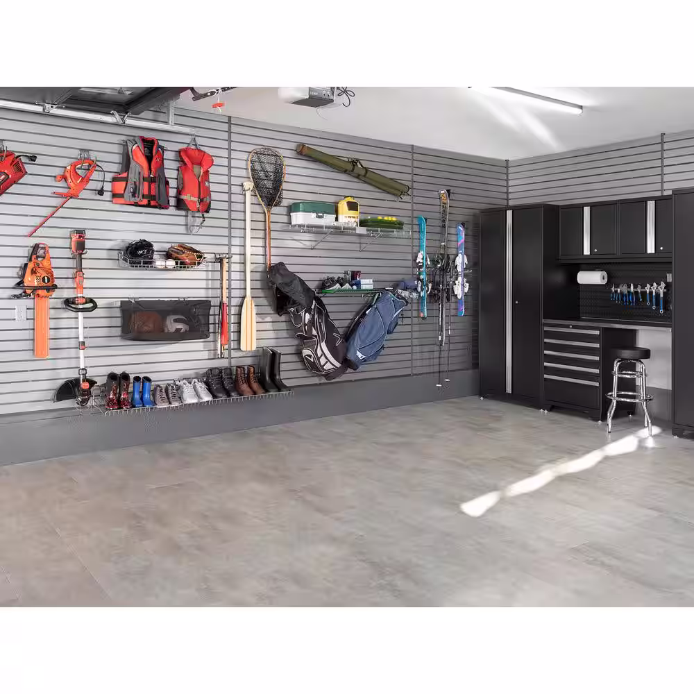 NewAge Products 71.75 in. H x 240 in. W PVC Slat Wall Panel Set in Silver with 40-Piece Accessory Kit (120 sq. ft.)