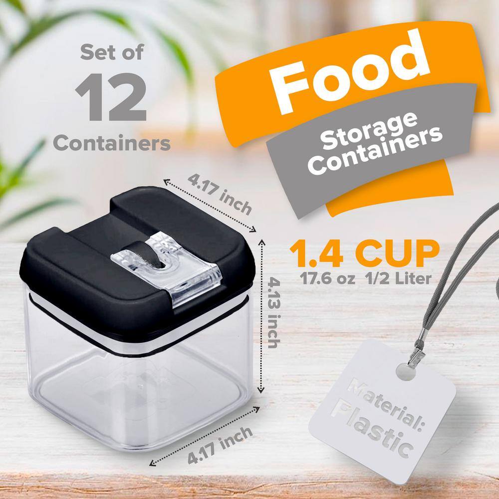 CHEER COLLECTION 12 Piece Food Storsage Plastic Containers, .5L - Black